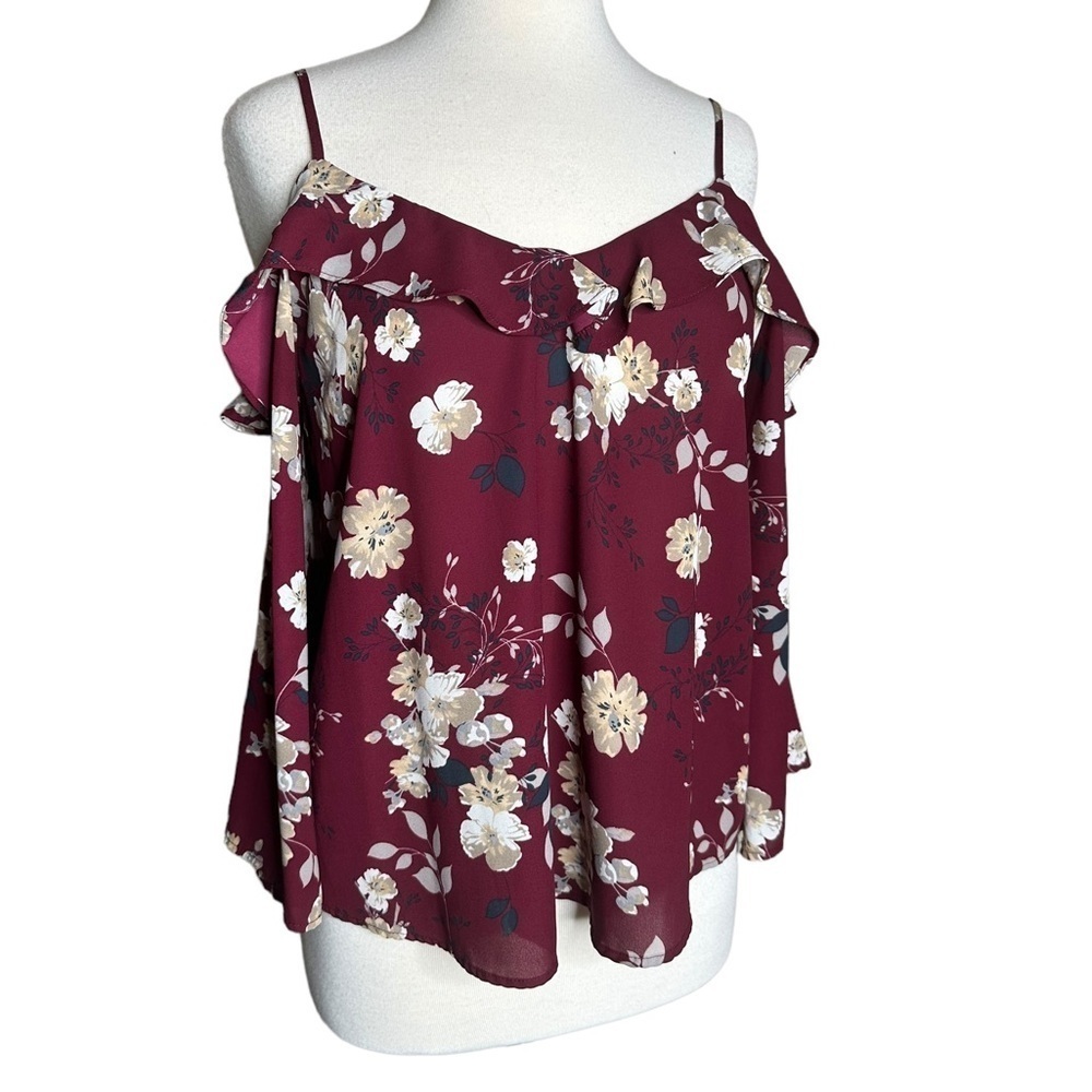 Lush size M burgundy red floral long sleeve shoulder less blouse casual top